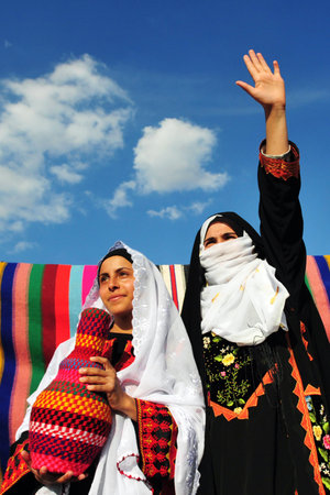 WESTERN NEGEV - NOVEMBER 26:Bedouin girls  traditionally dressed with a burqas in a Lakyia Bedouin village in southern Israel.Negev Bedouin are formerly nomadic and later also semi-nomadic Arabs who live by rearing livestock in the deserts of southern Isrのeditorial素材