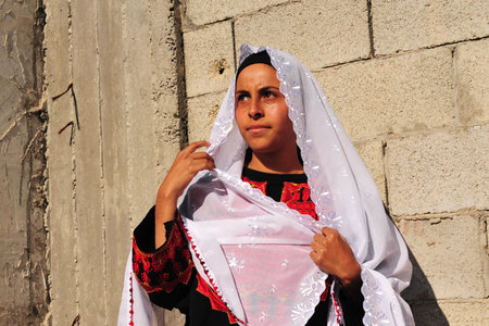 WESTERN NEGEV - NOVEMBER 26:Bedouin girl  traditionally dressed with a burqas in a Lakyia Bedouin village in southern Israel.egev Bedouin are formerly nomadic and later also semi-nomadic Arabs who live by rearing livestock in the deserts of southern Israeのeditorial素材