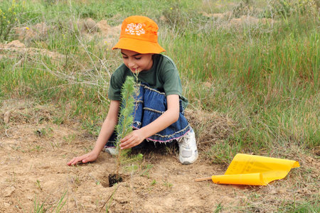 WESTERN NEGEV - FEB 09: Israeli girl plant trees during the Jewish holiday of Tu Bishvat in the western Negev on February 9 2009.It's a Jewish holiday that marks the New Year of the Trees.のeditorial素材