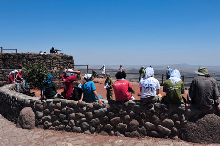 GOLAN HEIGHTS - AUG 23:Israelis visit on Mount Bental on August 23 2009 in the Golan Heights, Israel.Israel captured it in 1967 war and annexed it in 1981 in a move not recognized internationally.のeditorial素材