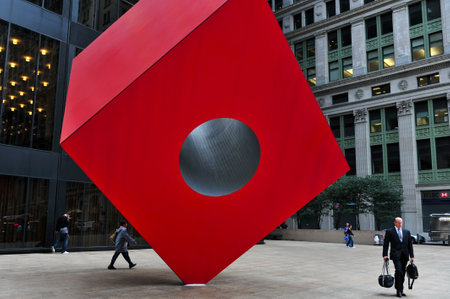 NY-OCT 09: Noguchi's Red Cube in front of the HSBC bank building on October 09 2009 in New York. This is the place, where the movement "Occupy Wall Street" starts again with spring occupation on July 13 of 2011のeditorial素材