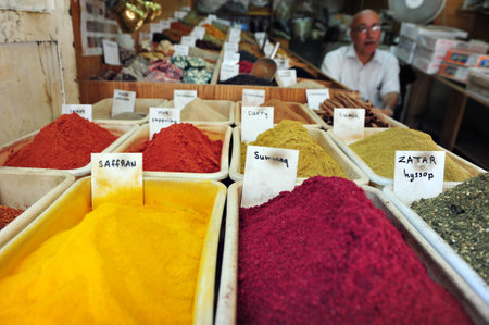 JERUSALEM - JULY 30:Spices on display on July 30 2009 in Jerusalem old city, Israel.The spice trade developed throughout South Asia and Middle East in around 2000 BC with cinnamon and pepperのeditorial素材