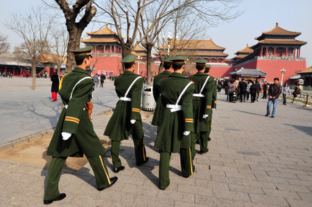 BEIJING - MARCH 11:Chinese soldiers march in the Forbidden City on March 11 2009 in Beijing,China.The Forbidden City was the Chinese imperial palace since the Ming Dynasty.のeditorial素材