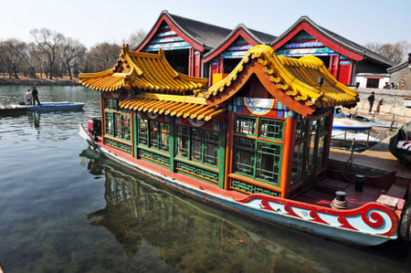 BEIJING - MAR 14:Decorated Chines boat over Kunming Lake at the Summer Palace in Beijing China on March 14 2009. The Summer Palace is the best preserved imperial garden in the world.のeditorial素材