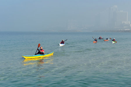 HERZLIYA - FEB 10: Sea Kayaking on February 10 2010 in Herzliya, Israel.のeditorial素材