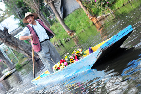 MEXICO CITY - FEBRUARY 28:Mexican man rows a gondola at Xochimilco's Floating Gardens on February 28 2010  in Mexico City, Mexico.It's system of canals, which measure about a total of 170kmのeditorial素材
