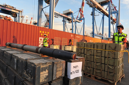 ASHDOD, ISR - NOV 04:500 tons of weapons, rockets and missiles uncovered aboard the cargo ship - Francop on Nov 04 2009.The weapons originate from Iran and intended to Hizbullah terror organization.のeditorial素材