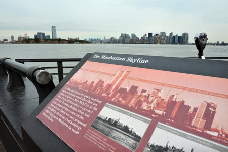 The skyline of Manhattan New York from Statue of liberty Island, USA.のeditorial素材