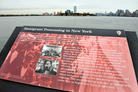 The skyline of Manhattan New York from Statue of liberty Island, USA.のeditorial素材
