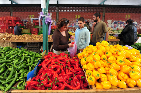 SDEROT - DEC 29:Vegetables on display on Dec 29 2009 in Sderot market. Israel is a world-leader in agricultural technologies, while only 20 of the land is arable it produces 95 of its own food.のeditorial素材