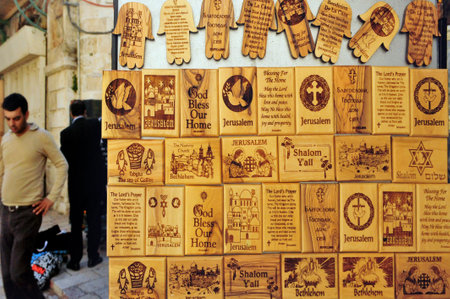 JERUSALEM - NOV 05: Christian Arabs selling souvenirs at Jerusalem old city market on November 05 2010. Jerusalem is a holy city to the three major Abrahamic religionsのeditorial素材