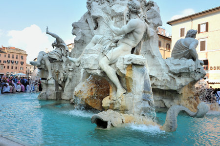 ROME - APR 28:Fountain of the Four Rivers in Piazza Navona on April 28 2011 in Rome Italy.The piazza was featured in Dan Brown's thriller Angels and Demons and in the film adaptation staring Tom Hanksのeditorial素材