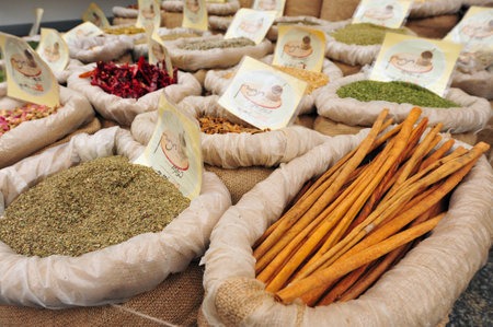 JERUSALEM - FEB 06:Spices on display in Mahane Yehuda Market on Feb 06 2011 in Jerusalem,Israel.The spice trade developed throughout Asia and Middle East in around 2000 BC with cinnamon and pepperのeditorial素材