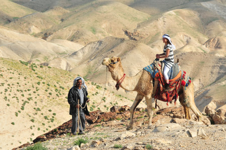 JERICHO - MAR 18:Woman tourist during camel ride on March 18 2010 in the Judean Desert, Israel.It's a rain shadow desert located between Jerusalem to Jericho 85 miles long and 25 miles wide.のeditorial素材