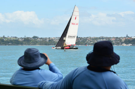 AUCKLAND, NEW ZEALAND - JANUARY 31 2012: The Team New Zealand TNZ sailing team yacht who based in Auckland, New Zealand as seen from Devon Port on January 31 2012.のeditorial素材