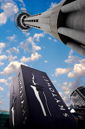 AUCKLAND - APRIL 19:Auckland Sky Tower on April 19 2012 in Auckland, New Zealand.It's 328 metres 1,076 ft tall, making it the tallest free-standing structure in the Southern Hemisphere.のeditorial素材