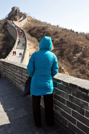 BEIJING - MARCH 10:Visitors walks on the Great Wall of China on March 10 2008. The Great Wall of China is the longest man-made structure in the world.のeditorial素材