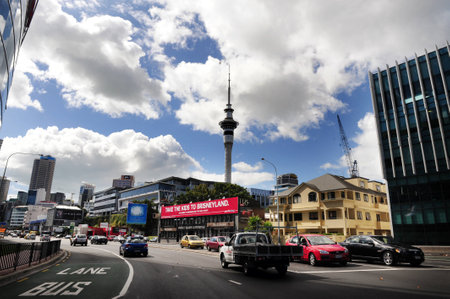 AUCKLAND - APRIL 19:Auckland Sky Tower on April 19 2012 in Auckland, New Zealand.It's 328 metres 1,076 ft tall, making it the tallest free-standing structure in the Southern Hemisphere.のeditorial素材
