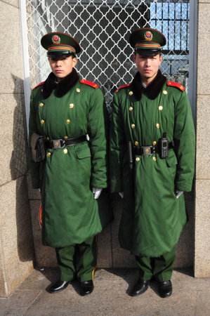 BEIJING - MARCH 14:Chinese soldiers guards Beijing Subway on March 14 2009.The metro network have 16...