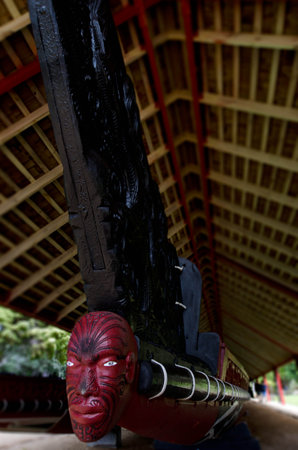 WAITANGI - OCTOBER 02: The Whare Waka Canoe house with 35 metre Waka war canoe on Oct 02 2012 in Waitangi National Reserve, Bay of Islands, Far North District, Northland Region, New Zealand NZ.のeditorial素材