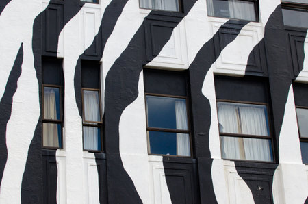 WELLINGTON - FEB 24: Wellywood Backpackers building on February 24 2013 in Wellington NZ.The  distinctive zebra painted building is one of Wellington known landmarks.のeditorial素材