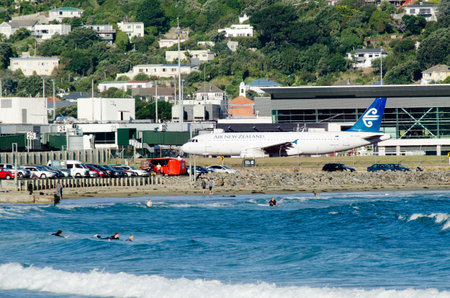 WELLINGTON - FEB  23:Air New Zealand Boeing 767 plane lands in Wellington International Airport on Feb 23 2013.It's the third-busiest airport in NZ handling about 5 million passengers a year.のeditorial素材