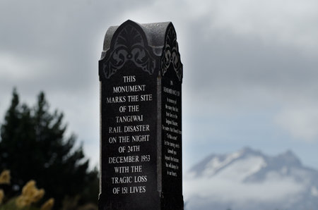 TANGIWAI,NZ-MAR 04:Tangiwai Memorial on March 04 2013.It was the worst rail accident in New Zealand 151 people died on Dec 24 1953 when Whangaehu River bridge collapsed during mudflow beneath a train.のeditorial素材