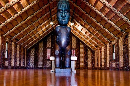 WAITANGI - OCTOBER 02: Interior view of the Maori meeting house Marae near the Treaty House on October 02 2012 in Waitangi, New Zealand.のeditorial素材