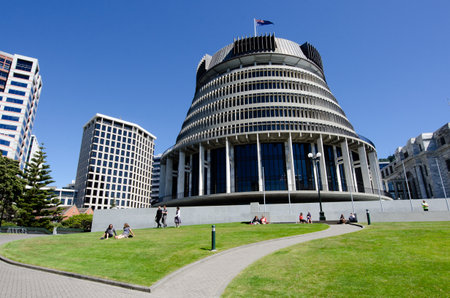 WELLINGTON - FEB 25:The Beehive building - Parliament of NZ in Wellington city on February 25 2013.It is so-called because of its shape is reminiscent of that of a traditional woven form of beehive.のeditorial素材