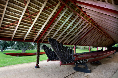WAITANGI - OCTOBER 02: The Whare Waka Canoe house with 35 metre Waka war canoe on Oct 02 2012 in Waitangi National Reserve, Bay of Islands, Far North District, Northland Region, New Zealand NZ.のeditorial素材