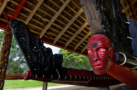 WAITANGI - OCTOBER 02: The Whare Waka Canoe house with 35 metre Waka war canoe on Oct 02 2012 in Waitangi National Reserve, Bay of Islands, Far North District, Northland Region, New Zealand NZ.のeditorial素材