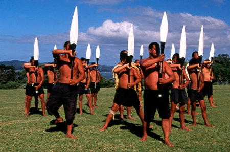 WAITANGI - FEB 6:Maori warriors perform Haka dance during Waitangi Day on February 6 2004 in Waitangi NZ.It's a New Zealand public holiday to celebrate the signing of the Treaty of Waitangi in 1840のeditorial素材