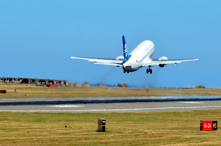 WELLINGTON - FEB  23:Air New Zealand plane takeoff in Wellington International Airport on Feb 23 2013.It was the only airline to circumnavigate the world till March 2013.のeditorial素材