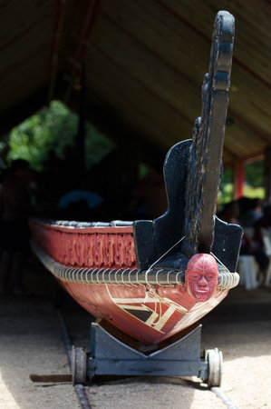 WAITANGI - FEBRUARY 06: The Whare Waka Canoe house with 35 metre Waka war canoe on Feb 06 2013 in Waitangi National Reserve, Bay of Islands, Far North District, Northland Region, New Zealand NZ.のeditorial素材