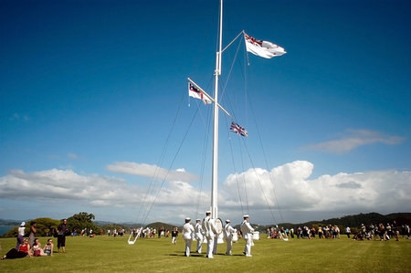 WAITANGI - FEB 6:The RNZN band performing during Waitangi Day on February 6 2004 in Waitangi NZ.It's a New Zealand public holiday to celebrate the signing of the Treaty of Waitangi in 1840のeditorial素材