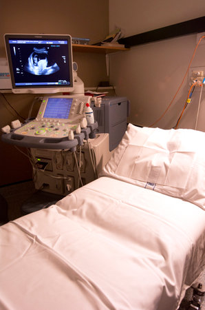 KAITAIA, NZ - NOV 05:Ultrasound scanning equipment in the x-ray lab on Nov 05 2013.An ultrasound scan doesn't produce high quality images, but it is non-invasive and doesn't involve radiationのeditorial素材