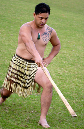 KAITAIA- FEB 6:Maori man reenact the signing of the treaty of Waitangi on February 6 2005 in Kaitaia NZ.It's New Zealand public holiday to celebrate the signing of the Treaty of Waitangi in 1840のeditorial素材
