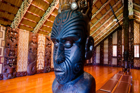 WAITANGI - OCTOBER 02: Interior view of the Maori meeting house Marae near the Treaty House on October 02 2012 in Waitangi, New Zealand.のeditorial素材