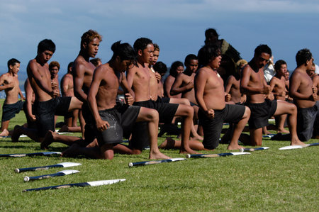 WAITANGI - FEB 6:Maori warriors perform Haka dance during Waitangi Day on February 6 2004 in Waitangi NZ.It's a New Zealand public holiday to celebrate the signing of the Treaty of Waitangi in 1840のeditorial素材