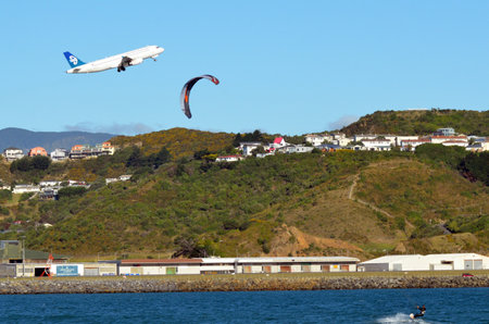 WELLINGTON - FEB  23:Air New Zealand plane takeoff in Wellington International Airport on Feb 23 2013.It was the only airline to circumnavigate the world till March 2013.のeditorial素材