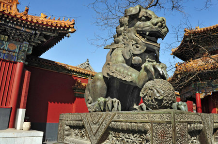 BEIJING - MAR -13: Chinese lion sculpture at the Lama Temple on March 13 in Beijing, China.It's one of the largest and most important Tibetan Buddhist monasteries in the world.のeditorial素材