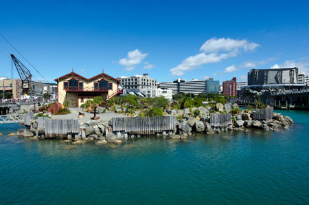 WELLINGTON - FEB 24: Wellington waterfront lagoon, historic boatsheds Star Boating Club 1885 and Wellington Rowing Club 1894 on February 24 2013 in Wellington,NZ.のeditorial素材
