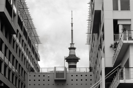AUCKLAND,NZ - OCT 13 2015:Auckland Sky tower top.It's 328 metres (1,076 ft) tall from ground level to the top of the mast,making it the tallest free-standing structure in the Southern Hemisphere.のeditorial素材