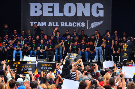 AUCKLAND,  NZL - NOV 04 2015:All Blacks team thanks to their fans in Victoria Park Auckland, New Zealand.The All Blacks are the holders of the Rugby World Cup in 2011 and 2015.のeditorial素材