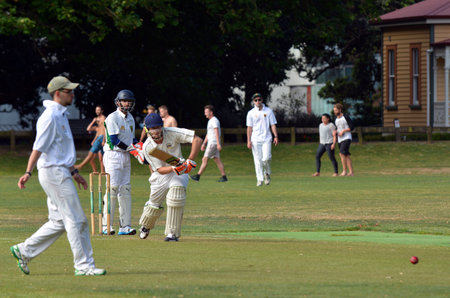AUCKLAND - NOV 14 2015:Men play Cricket in victoria park Auckland, New Zealand.It's one of New Zealand most popular national sport and the first recorded game took place in Wellington in December 1842.のeditorial素材