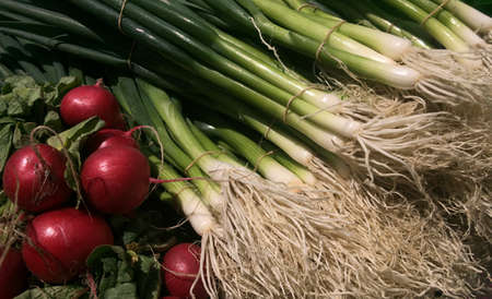 Radish and spring onion on display at the market. Food background and textureの写真素材