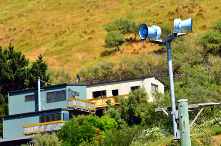 CHRISTCHURCH,  NZL - DEC 07 2015:Air raid siren in Christchurch New Zealand.Tsunami warning system have been installed along Christchurch coastline after 2011 earthquake killed 185 peopleのeditorial素材