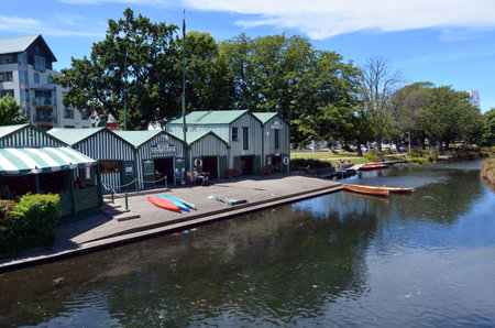 CHRISTCHURCH - DEC 04 2015:Aerial view of the Punting and Kayaks boat shed on the Avon river Christchurch.It is an iconic tourist attraction of Christchurch, New Zealand.のeditorial素材