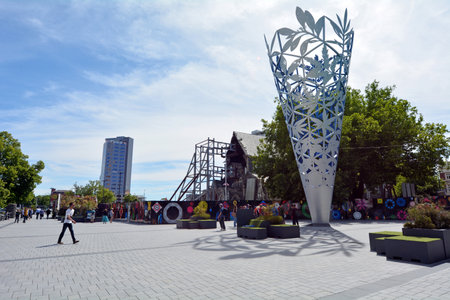 CHRISTCHURCH - DEC 04 2015:The Chalice in Cathedral square Christchurch.It's a large modern sculpture of an inverted cone  made up of patterns featuring different native plants made by Neil Dawson.のeditorial素材