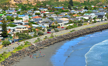 CHRISTCHURCH - DEC 04 2015:Aerial view of Sumner Christchurch. It's a popular holiday destination coastal seaside in Canterbury Region Christchurch, New Zealand.のeditorial素材
